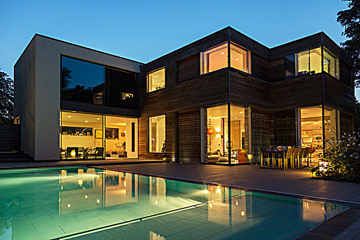 现代住宅,游泳池,光亮,黄昏