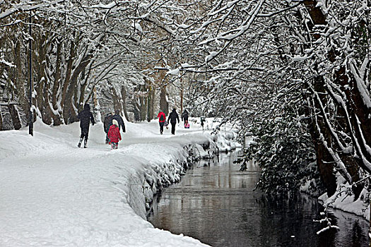 英格兰,格洛斯特郡,南,人,走,浓厚,雪,道路,跑,挨着,河,涡流,冬天
