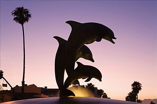 海豚,喷泉,码头,圣芭芭拉,港口,加利福尼亚,美国