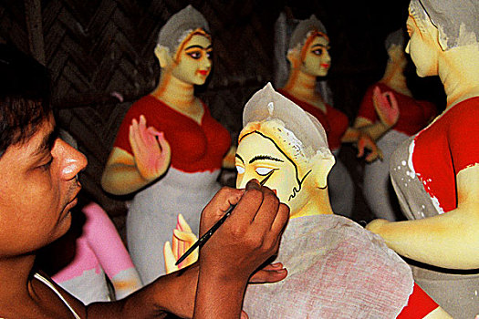 技工,颜料,神像,印度教,女神,节日,孟加拉,2008年