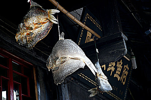 四川蓬安嘉陵第,桑梓景区里周子古镇饭店外悬挂的腌鱼
