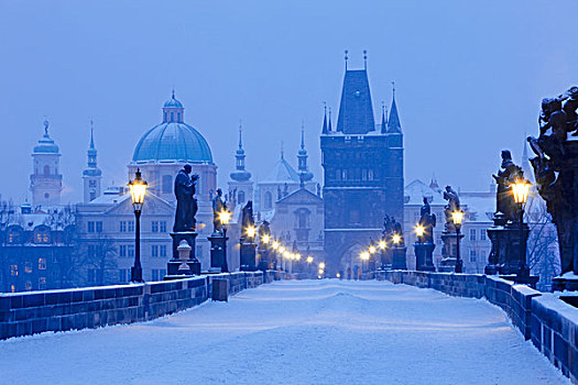 捷克,共和国,布拉格,桥,冬天,早晨
