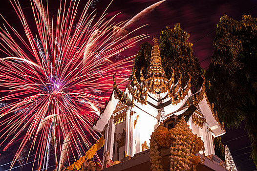 烟花,后面,佛教寺庙,节日,清迈,北方,泰国,亚洲