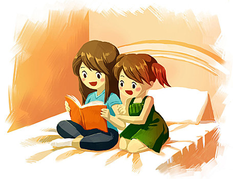 插画,姐妹,读,故事书,一起,床