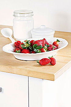 新鲜,草莓,白色,瓷器,碗