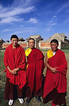 蒙古,宗教,佛教,中心,寺院,三个,年轻,僧侣,穿,彩色,红色,长袍