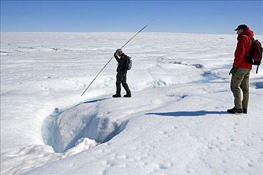 格陵兰,冰河,冰盖,走,向上,测试,安全,冰,不稳定,缝隙,雪