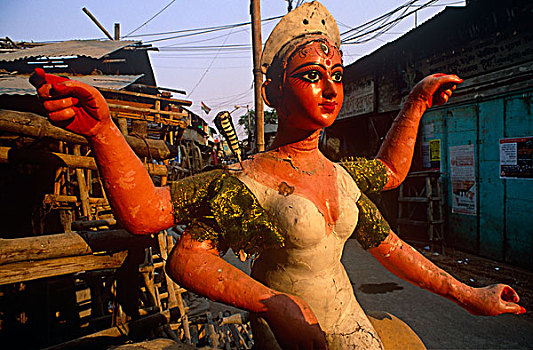印度,西孟加拉,加尔各答,工作间,粘土,雕塑,印度教,女神,装饰,准备