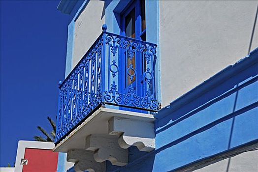 露台,装饰,鲜明,蓝色,熟铁,栏杆,岛屿,埃奥利群岛,意大利南部