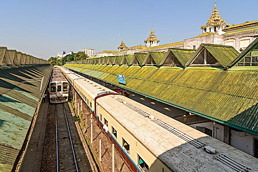仰光,中心,火车站,列车,殖民地,区域,缅甸