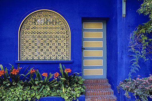 摩洛哥,玛拉喀什,马若雷尔花园,圣徒,花园,蓝色,房子,门,窗户