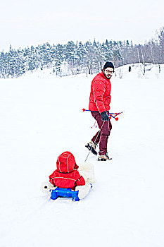 父亲,女儿,玩,雪橇