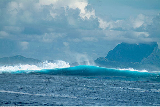 波浪,上方,礁石,波拉岛,法属玻利尼西亚