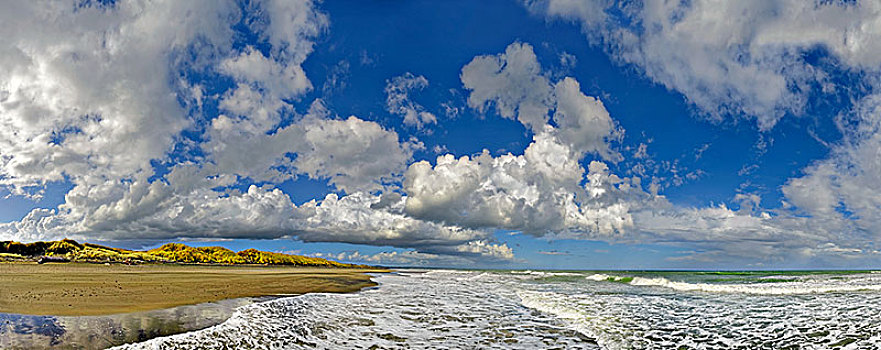 海浪,沙滩,多云,天空,海滩,塔斯曼海,北岛,新西兰,大洋洲