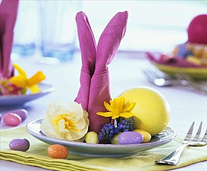 复活节,盘子,花,蛋,兔子,餐巾