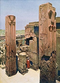 花冈岩,柱子,荷花,纸莎草,装饰,卡尔纳克神庙,埃及,20世纪