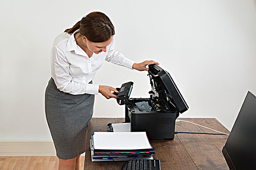 职业女性,放,雷射,墨盒,打印机