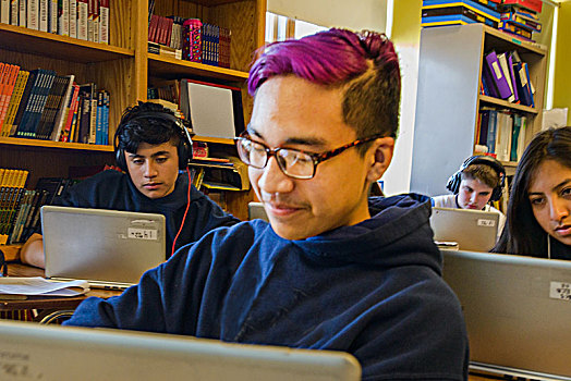 青少年,男孩,女孩,功课,笔记本电脑,教室,桌子