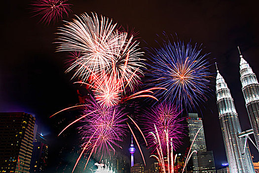 双子塔,亚洲,城市,塔楼,吉隆坡,夜晚,焰火表演
