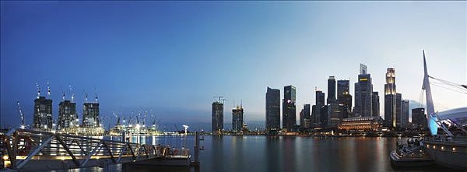 新加坡,全景,摩天大楼,天际线,码头,湾,日落