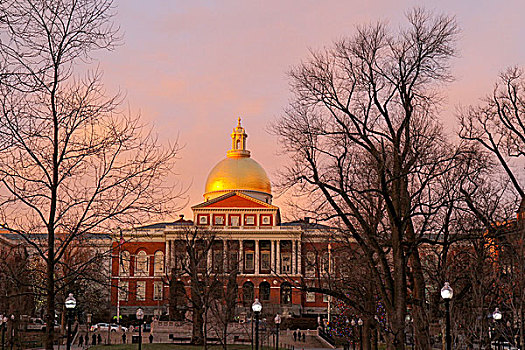 马萨诸塞州议会大厦,日落,波士顿,马萨诸塞,美国