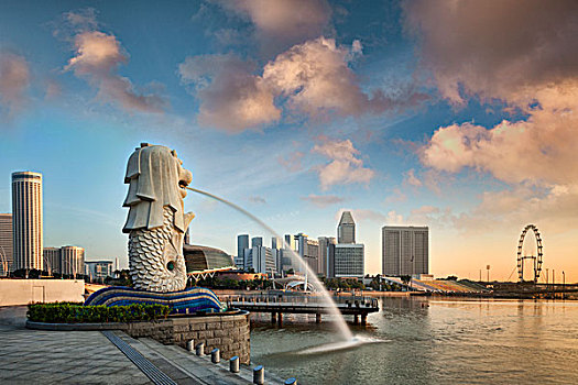 鱼尾狮,日出,象征,城市,新加坡,公园,亚洲