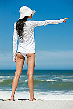 女青年,站立,海滩,后视图