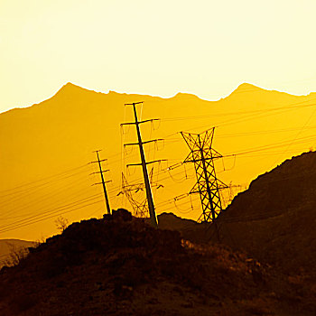 高,能源,电,塔,线条,黄色,剪影,山