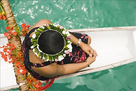 女人,享受,独木舟,海中,波拉岛,塔希提岛,法属玻利尼西亚