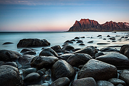石头,海滩,傍晚,罗弗敦群岛,挪威,欧洲