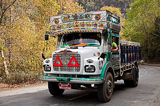 装饰,彩色,重,商品,卡车,山路,不丹,南亚
