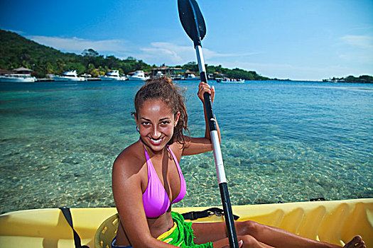 海湾群岛,洪都拉斯,女青年,划船,皮筏艇,钥匙,胜地