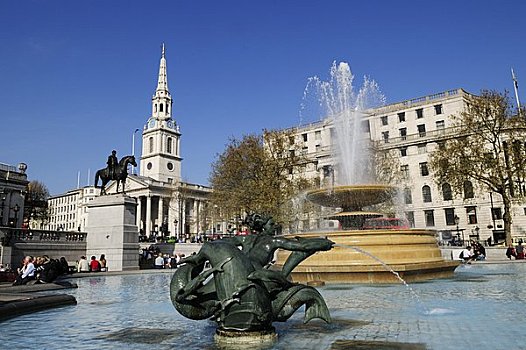 英格兰,伦敦,特拉法尔加广场,喷泉,背景