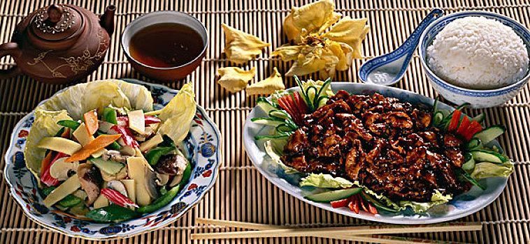 中餐,竹笋,腌制,蘑菇,酸甜,猪肉,米饭,茶,竹子,筷子