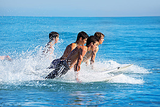 男孩,青少年,冲浪,跑,跳跃,冲浪板,海滩