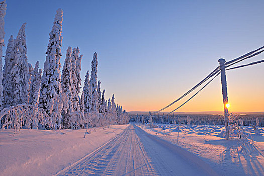 日出,上方,积雪,道路,北方,芬兰