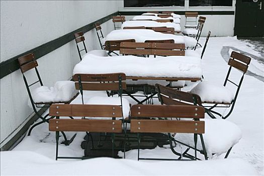 德国,慕尼黑,积雪,桌子,椅子,啤酒坊,餐馆