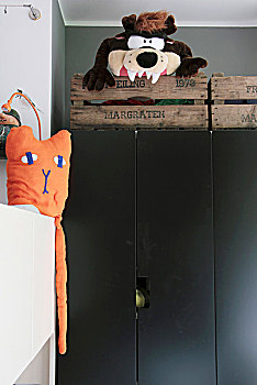 毛绒玩具,乡村,木质,板条箱,黑色背景,柜橱,橙色,猫,白色背景,柜子,一个