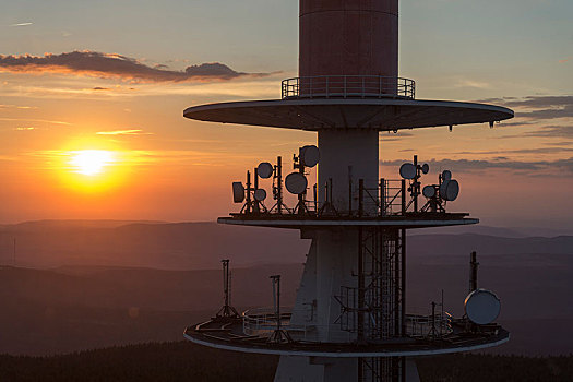 信号发射塔,顶峰,高原,山,布罗肯,日落,萨克森安哈尔特,德国,欧洲