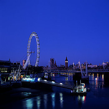 英格兰,伦敦,伦敦眼,夜晚,1999年,摩天轮,世界