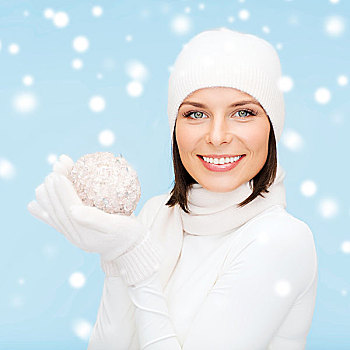 冬天,人,高兴,概念,女人,帽子,围巾,手套,圣诞树饰