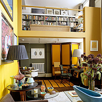 公寓,客厅,黄色,墙壁,风景,画廊,书架