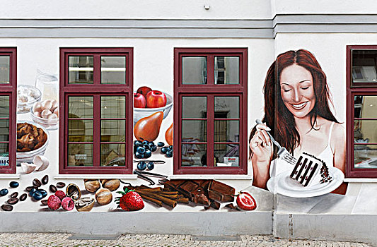 女人,吃,蛋糕,壁画,糖果,爱尔福特,图林根州,德国,欧洲
