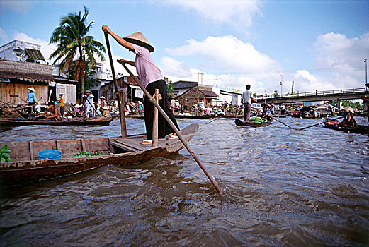 越南,湄公河三角洲,女人,划船,船,漂浮