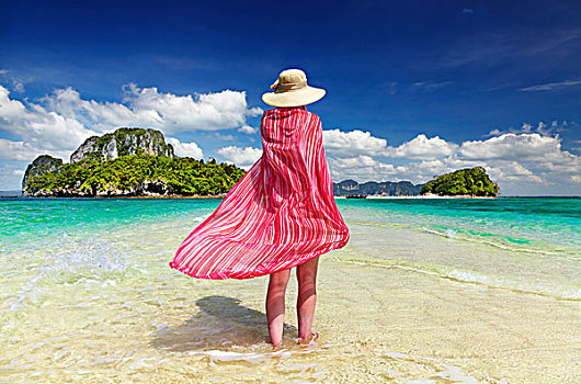女人,粉色,沙滩裙,帽子,海滩,安达曼海,泰国