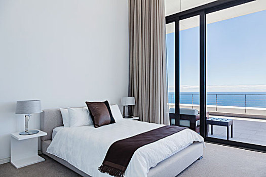 床,灯,现代,卧室,远眺,海洋