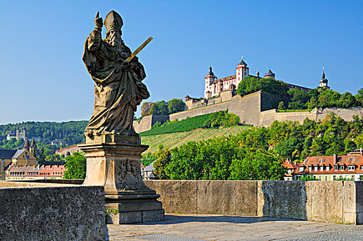 玛利恩堡,要塞,雕塑,老,桥,维尔茨堡,巴伐利亚,德国,欧洲