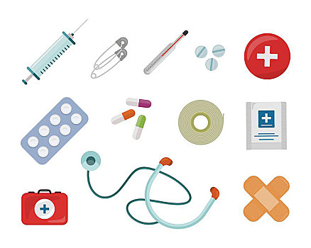 医疗用品,矢量,设计,事物,医疗,紧急,药品,听诊器,药丸,注射器,绷带,降温,急救箱,红十字,插画