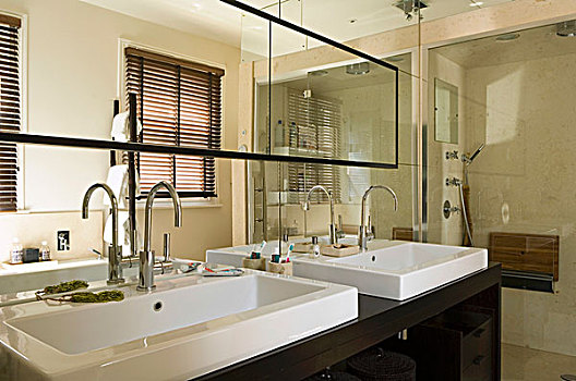 设计师,浴室,反射,墙壁,黑色,盥洗盆,两个,白色,盆