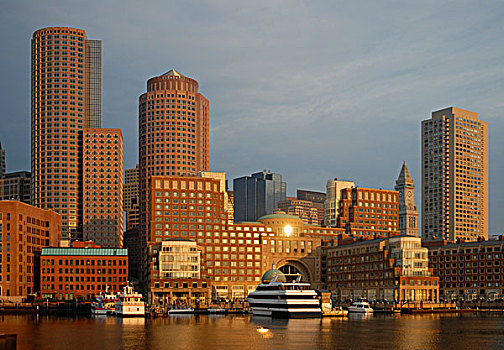 波士顿,港口,风景,码头,晚间,亮光,马萨诸塞,美国